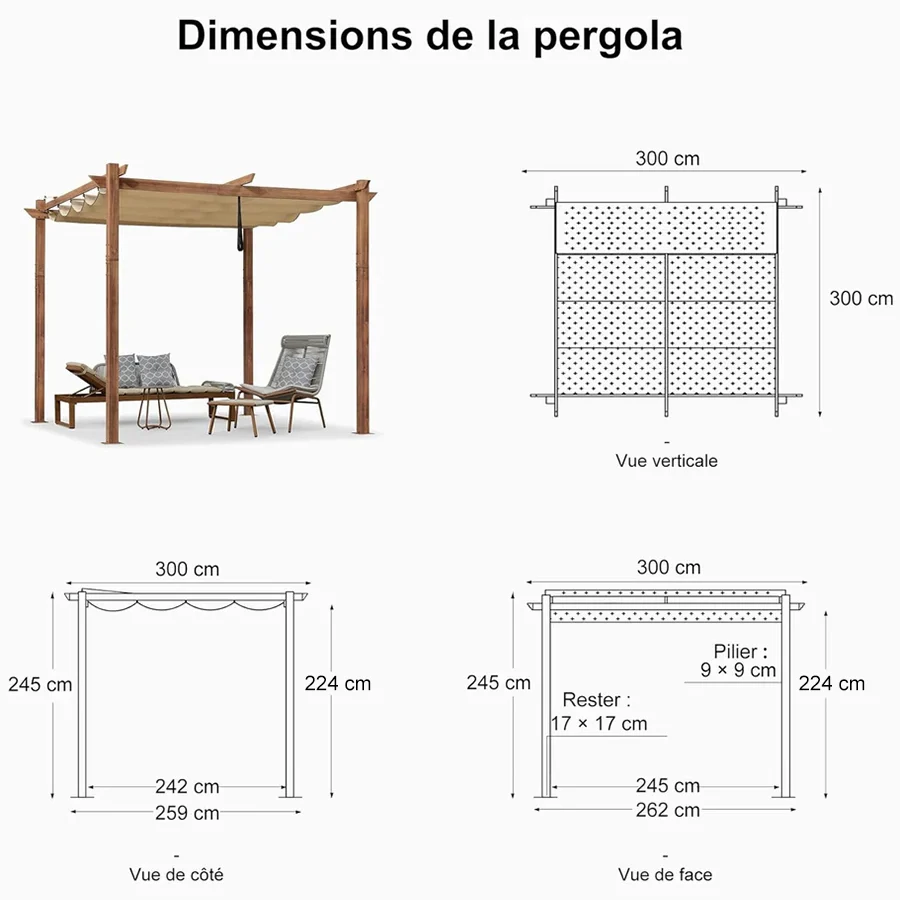 PURPLE LEAF Pergola Rétractable Extérieure Effet Bois en Métal avec Auvent Pare-Soleil pour Jardin Patio Porche Pavillon Avec Guirlandes Lumineuses Transparentes