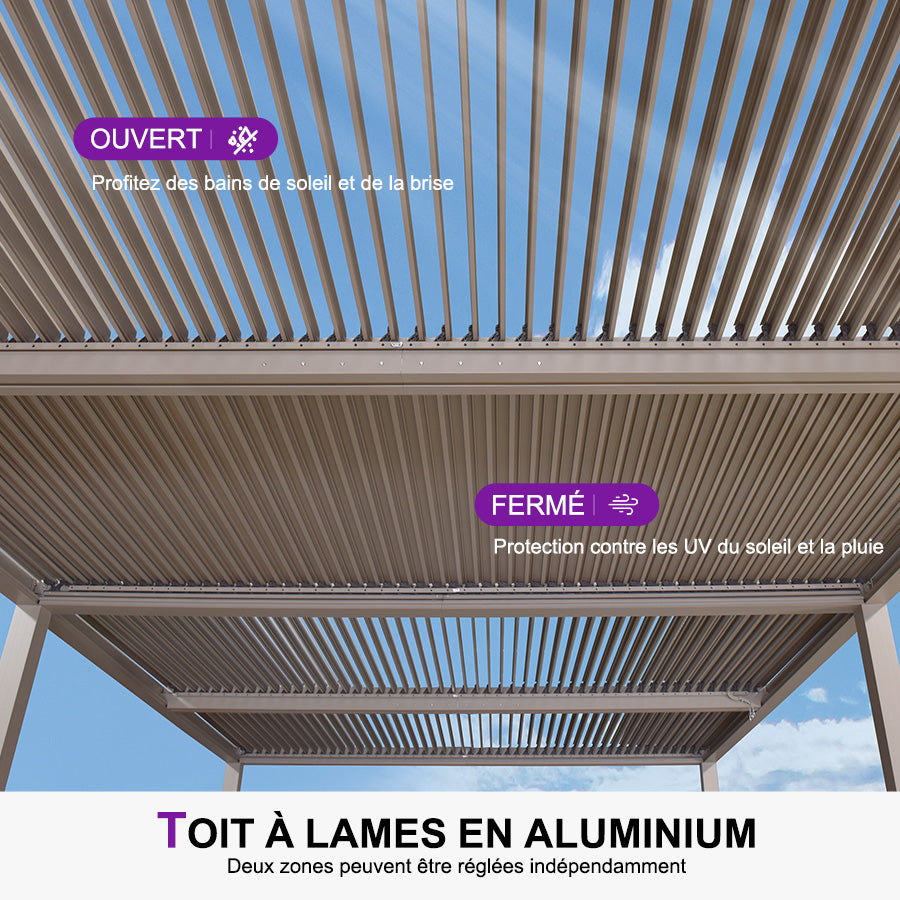 PURPLE LEAF Pergola Bioclimatique Aluminium Tonnelle Indépendante Protection Solaire Pavillon Pour Jardin Terrasse Champagne