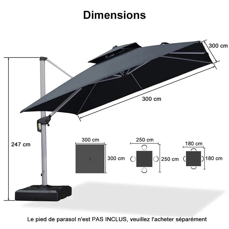 PURPLE LEAF Parasol Déporté Inclinable, Parasol De Jardin Exterieur Toit à Double Rotatif 360°,Parasol Terrasse Exterieur Luxueux