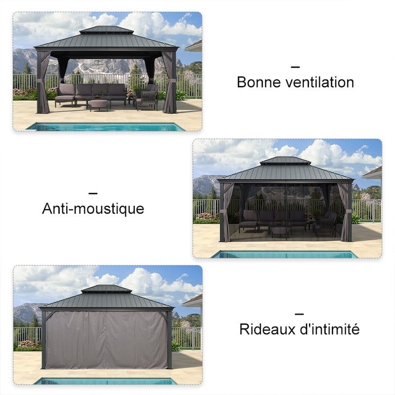 PURPLE LEAF Tonnelle De Jardin Exterieur Tonnelle Aluminum Avec Moustiquaire Et Rideaux Pavillon De Jardin à Double Toit Acier Galvanisé, Gris