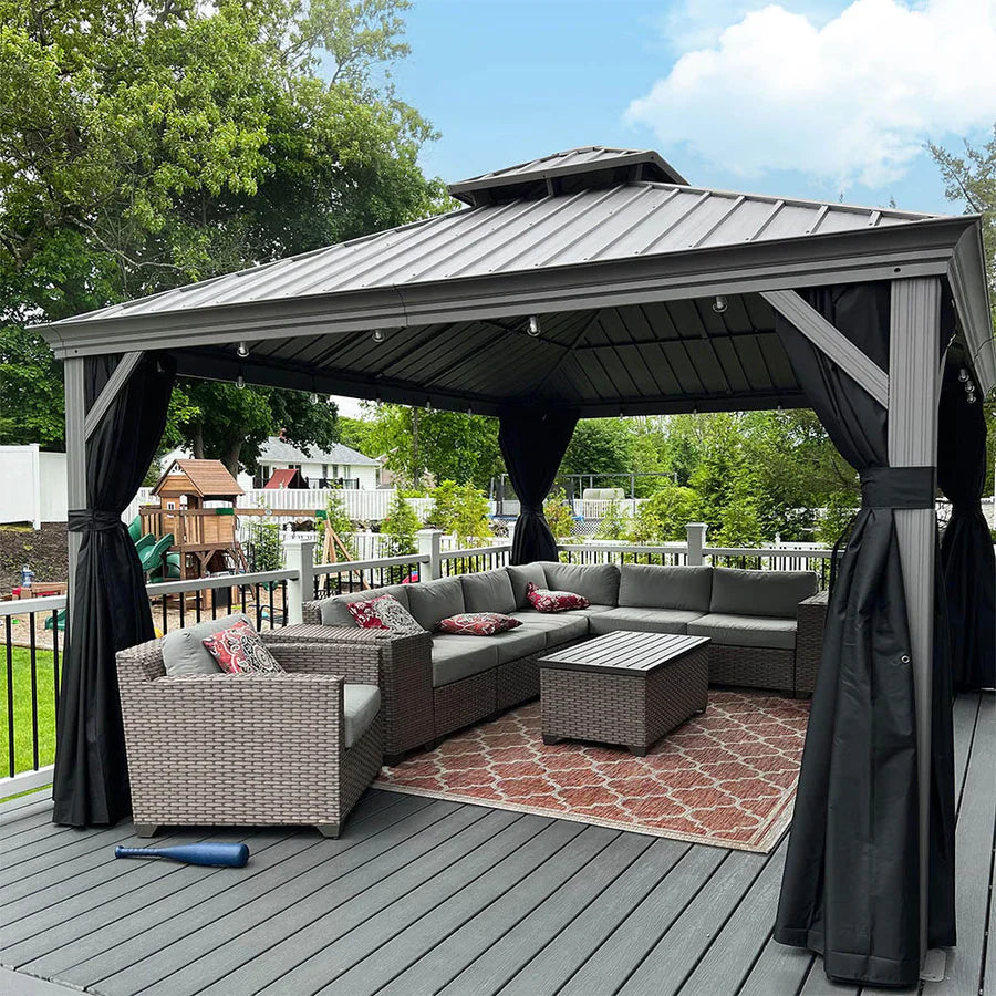 PURPLE LEAF Tonnelle de Jardin Pour Terrasse, Abris de Soleil Avec Toit Rigide en Acier Galvanisé, Equipée de Rideaux, Gris Clair