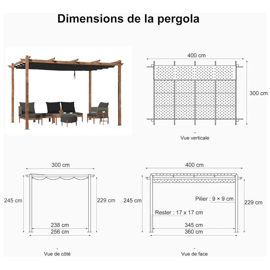 PURPLE LEAF Pergola rétractable extérieure avec pare-soleil auvent abri en métal pour patio de jardin porche pavillon de plage