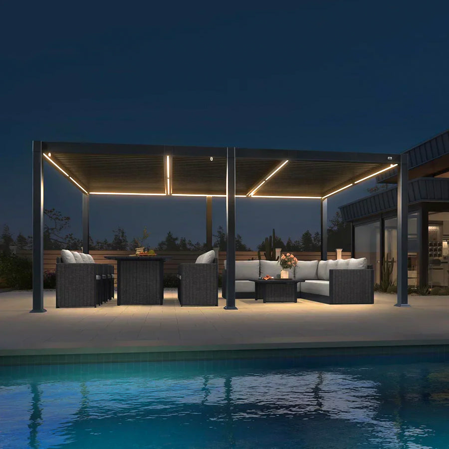 PURPLE LEAF Pergola Bioclimatique Toit à Lames avec Bande Lumineuse LED pour Terrasse Jardin, Gris