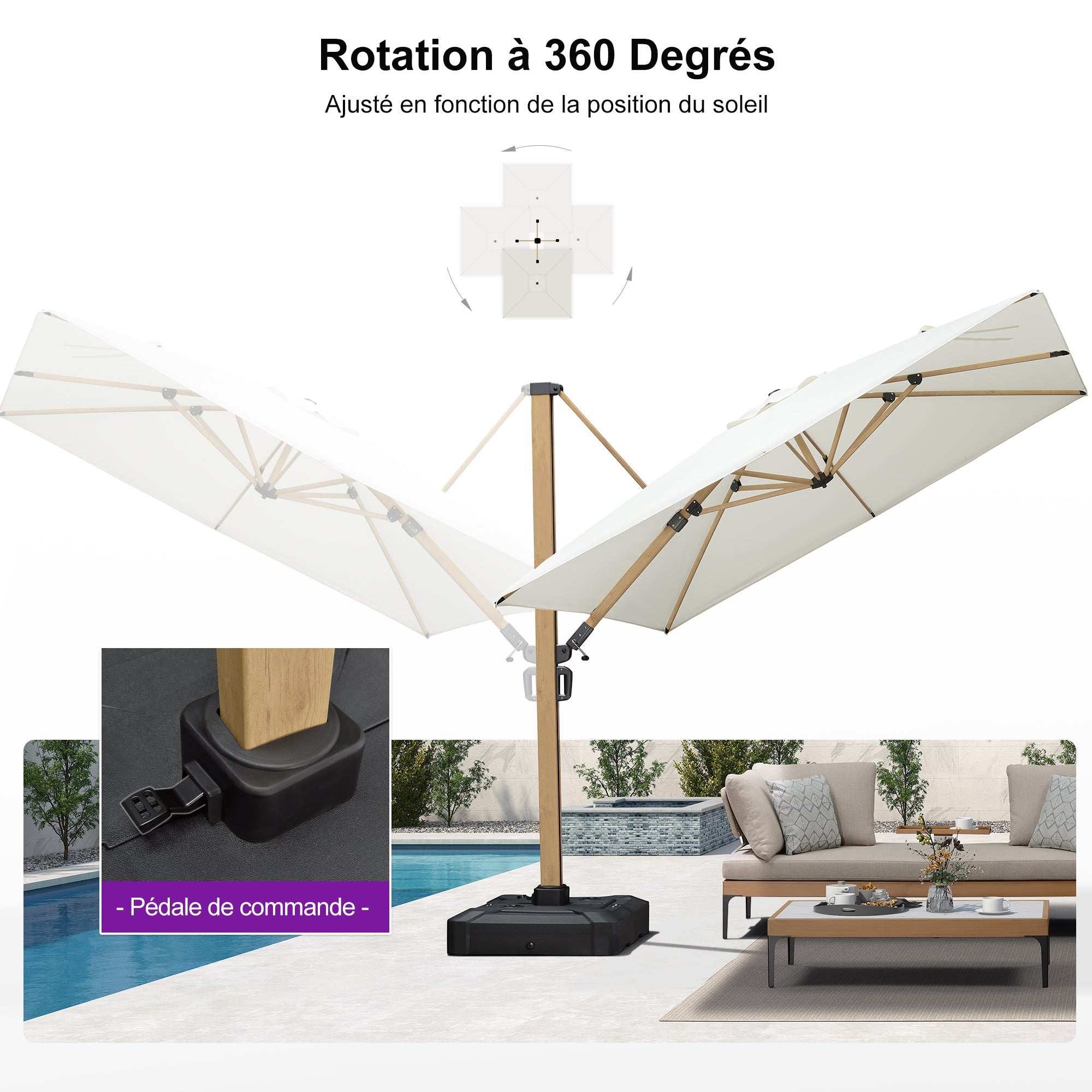 PURPLE LEAF Parasol Déporté Mégagrand à Motif Bois à Manivelle avec Mât Ultra-Renforcé Parasol d'Extérieur de Jardin Carré Rectangle
