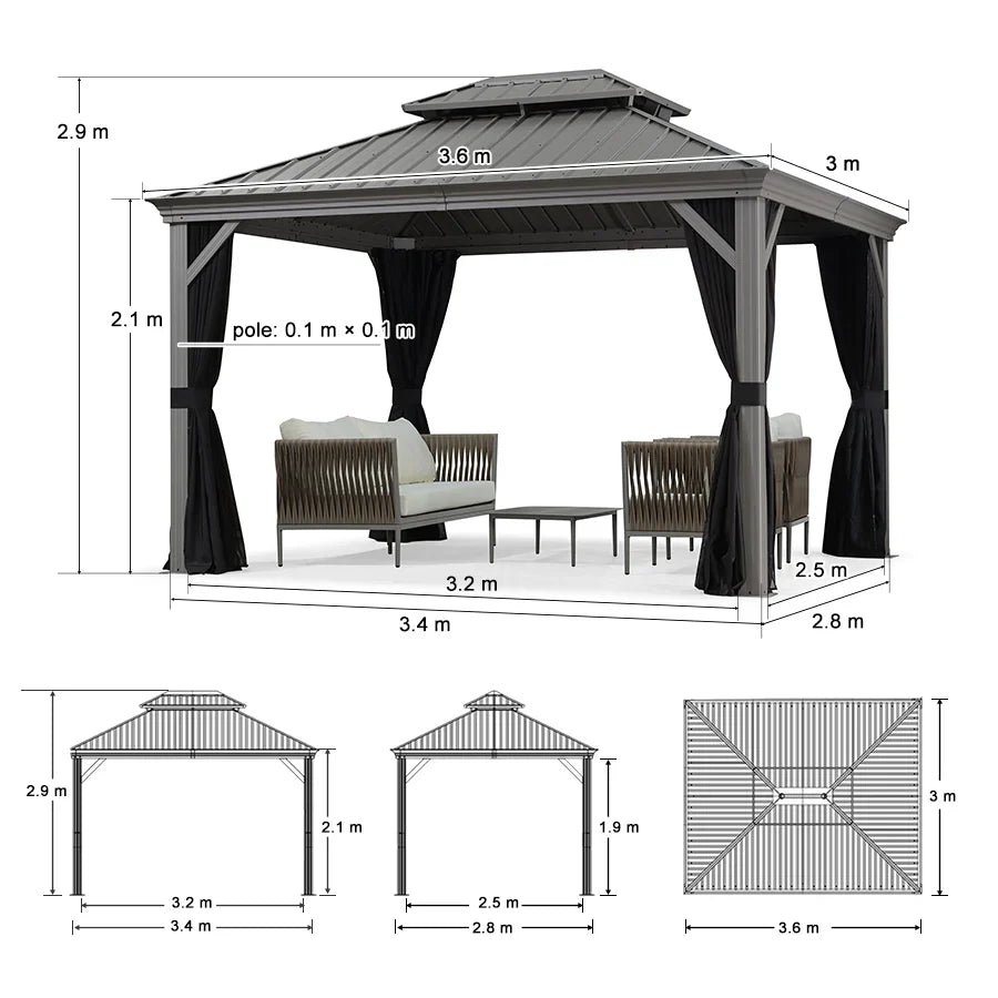 PURPLE LEAF Pavillon Rigide Extérieur en Gris Clair Pergola Aluminium Toit Double Avec Guirlande Lumineuse Lait