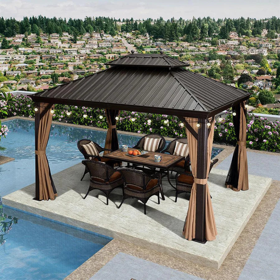 PURPLE LEAF Tonnelle de Jardin, Toit Double en Acier Galvanisé, Avec Rideaux Améliorés et Guirlandes Lumineuses Transparentes, Bronze