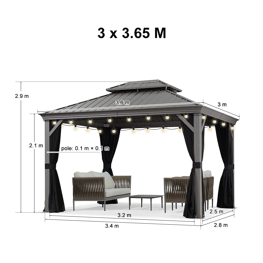 PURPLE LEAF Tonnelle de Terrasse et de Jardin, Toit Rigide en Acier Galvanisé, Conception de Gouttière avec Guirlandes Lumineuses Transparentes, Gris Clair