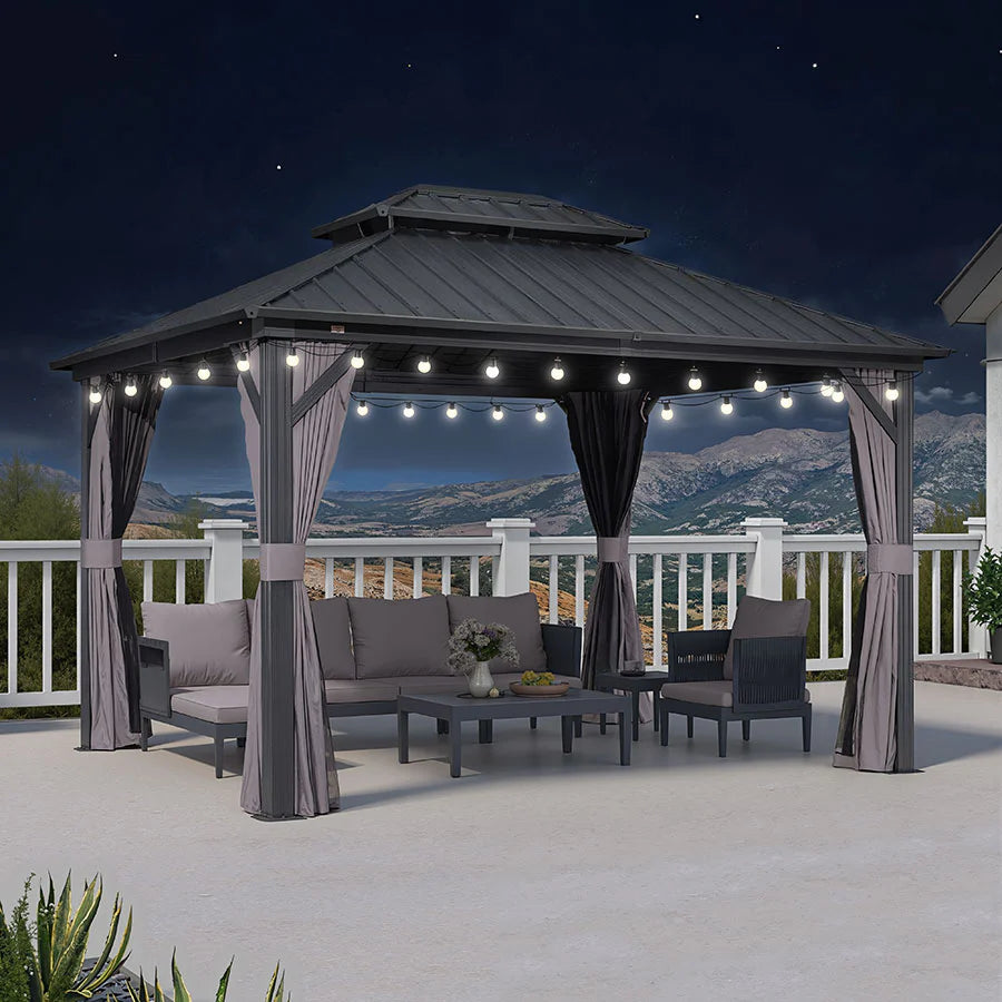 PURPLE LEAF Tonnelle Rigide Gris Modèle Léger Toit Double Robuste Acier Galvanisé Pergola Aluminium Avec Guirlandes Lumineuses Lait