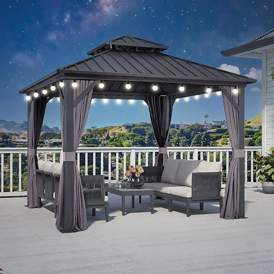 PURPLE LEAF Tonnelle Rigide Gris Modèle Léger Toit Double Robuste Acier Galvanisé Pergola Aluminium Avec Guirlandes Lumineuses Lait