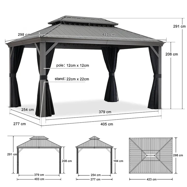 PURPLE LEAF Pavillon Rigide Extérieur en Gris Clair Pergola Aluminium Toit Double Avec Guirlande Lumineuse Lait