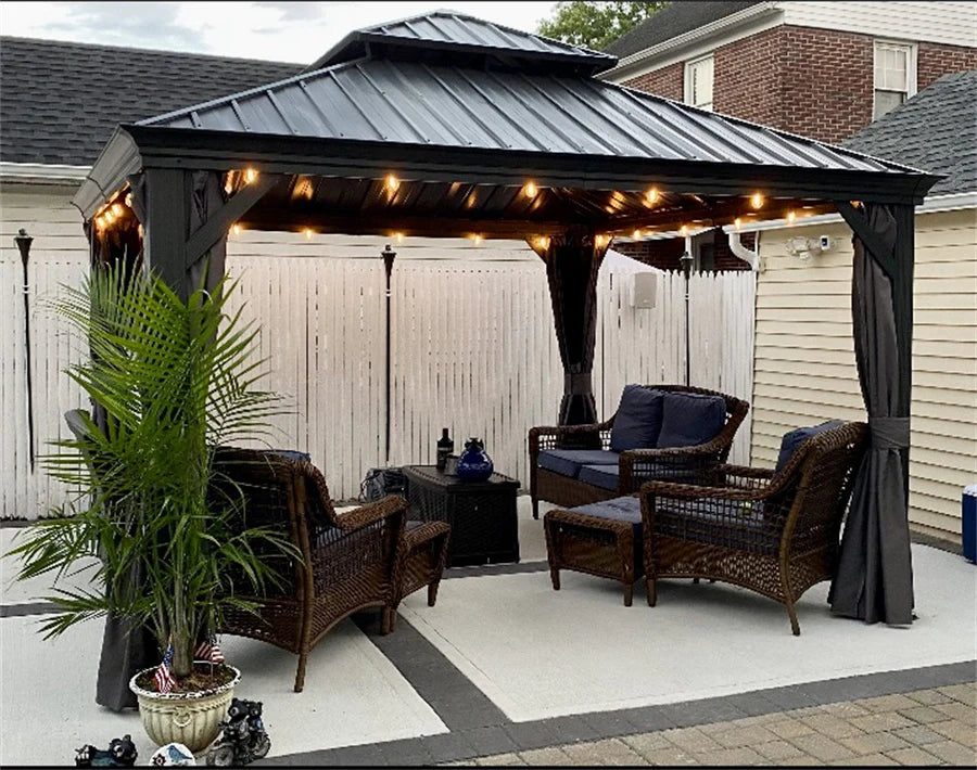 PURPLE LEAF Tonnelle De Jardin Exterieur Tonnelle Aluminum Avec Moustiquaire Et Rideaux Pavillon De Jardin à Double Toit Acier Galvanisé, Gris