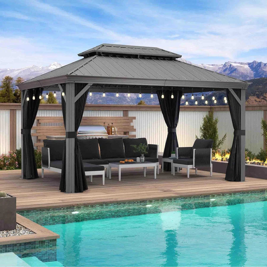 PURPLE LEAF Tonnelle de Terrasse et de Jardin, Toit Rigide en Acier Galvanisé, Conception de Gouttière avec Guirlandes Lumineuses Transparentes, Gris Clair