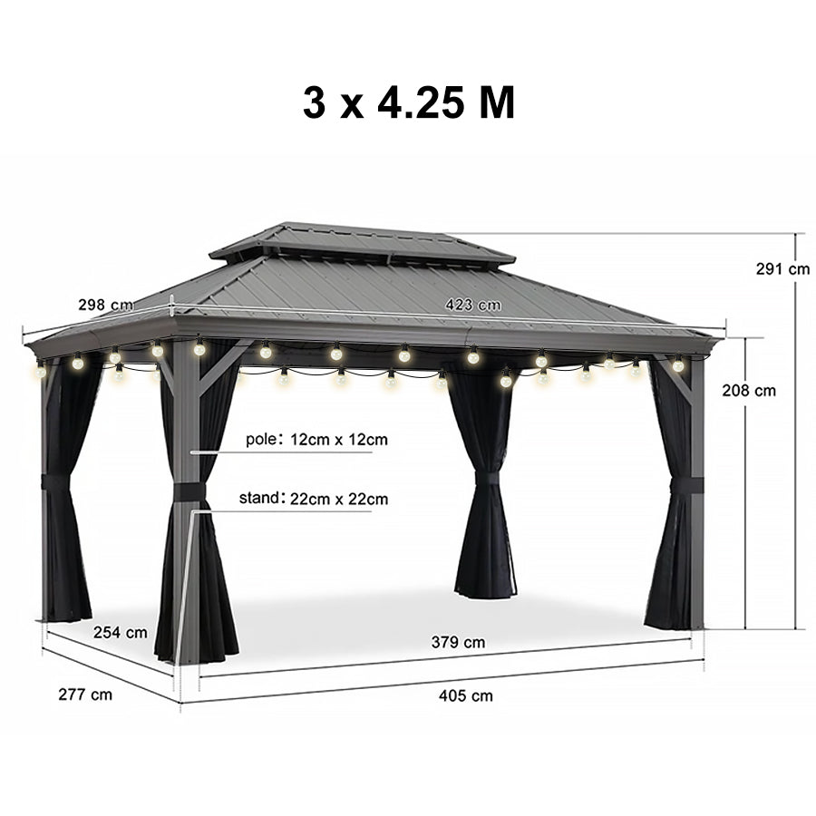 PURPLE LEAF Tonnelle de Terrasse et de Jardin, Toit Rigide en Acier Galvanisé, Conception de Gouttière avec Guirlandes Lumineuses Transparentes, Gris Clair