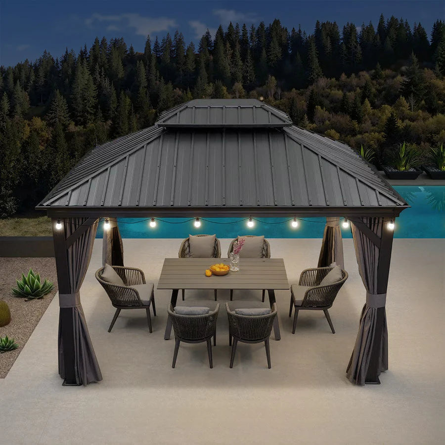 PURPLE LEAF Tonnelle de Jardin Gamme Luxe avec Éclairage LED Intégré - Abat-Jour Blanc Opalin Anti-Éblouissement, Pavillon Gris