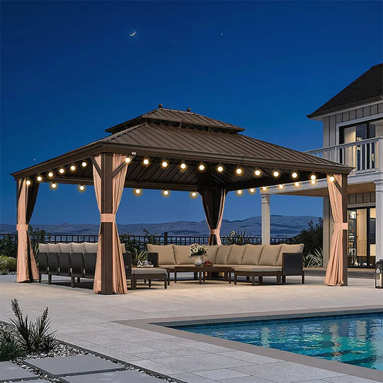 PURPLE LEAF Tonnelle de Jardin, Toit Double en Acier Galvanisé, Avec Rideaux Améliorés et Guirlandes Lumineuses Transparentes, Bronze