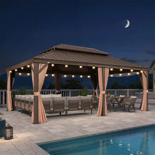 PURPLE LEAF Tonnelle de Jardin, Toit Double en Acier Galvanisé, Avec Rideaux Améliorés et Guirlandes Lumineuses Transparentes, Bronze