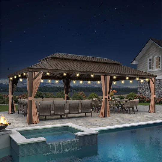 PURPLE LEAF Tonnelle de Jardin, Toit Double en Acier Galvanisé, Avec Rideaux Améliorés et Guirlandes Lumineuses Transparentes, Bronze