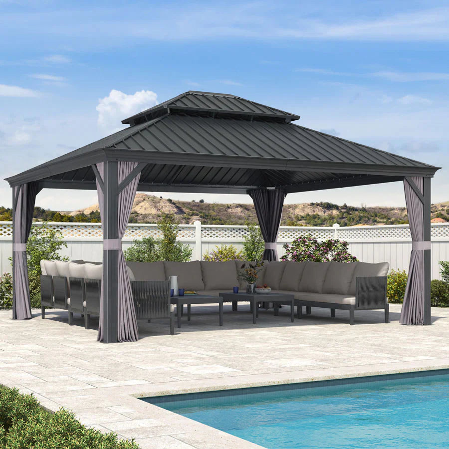 PURPLE LEAF Tonnelle De Jardin Exterieur Tonnelle Aluminum Avec Moustiquaire Et Rideaux Pavillon De Jardin à Double Toit Acier Galvanisé, Gris
