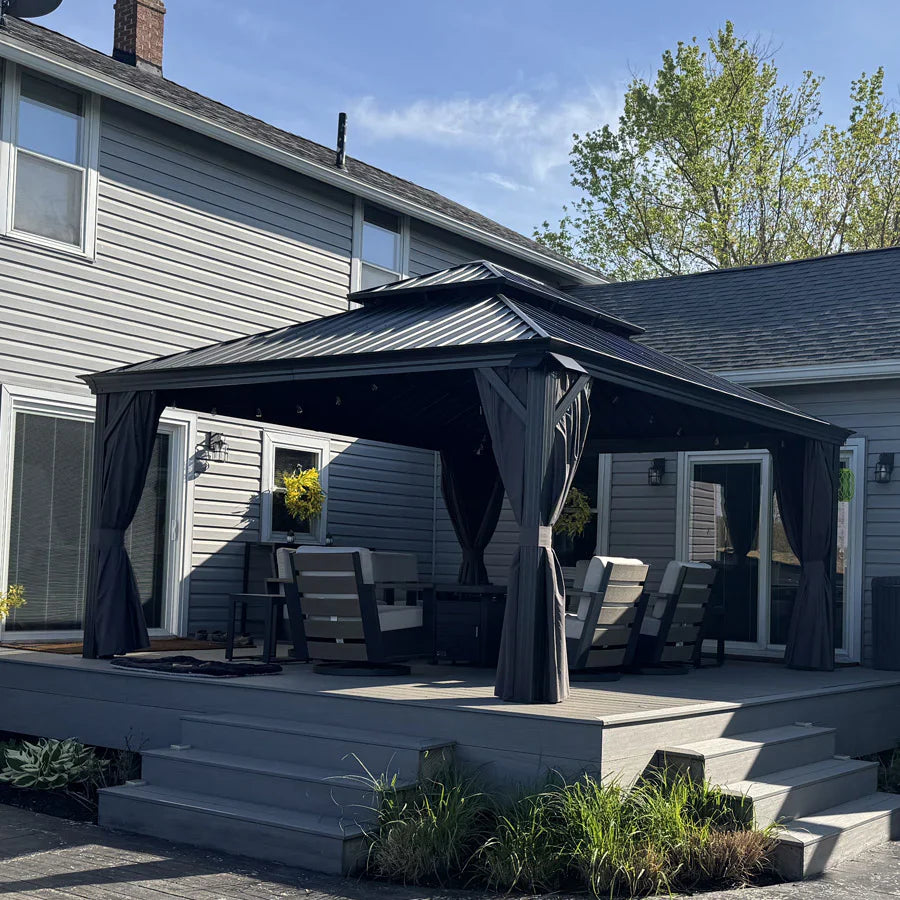 PURPLE LEAF Tonnelle De Jardin Exterieur Tonnelle Aluminum Avec Moustiquaire Et Rideaux Pavillon De Jardin à Double Toit Acier Galvanisé, Gris