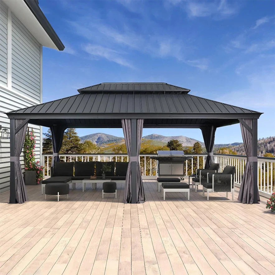 PURPLE LEAF Tonnelle De Jardin Exterieur Tonnelle Aluminum Avec Moustiquaire Et Rideaux Pavillon De Jardin à Double Toit Acier Galvanisé, Gris
