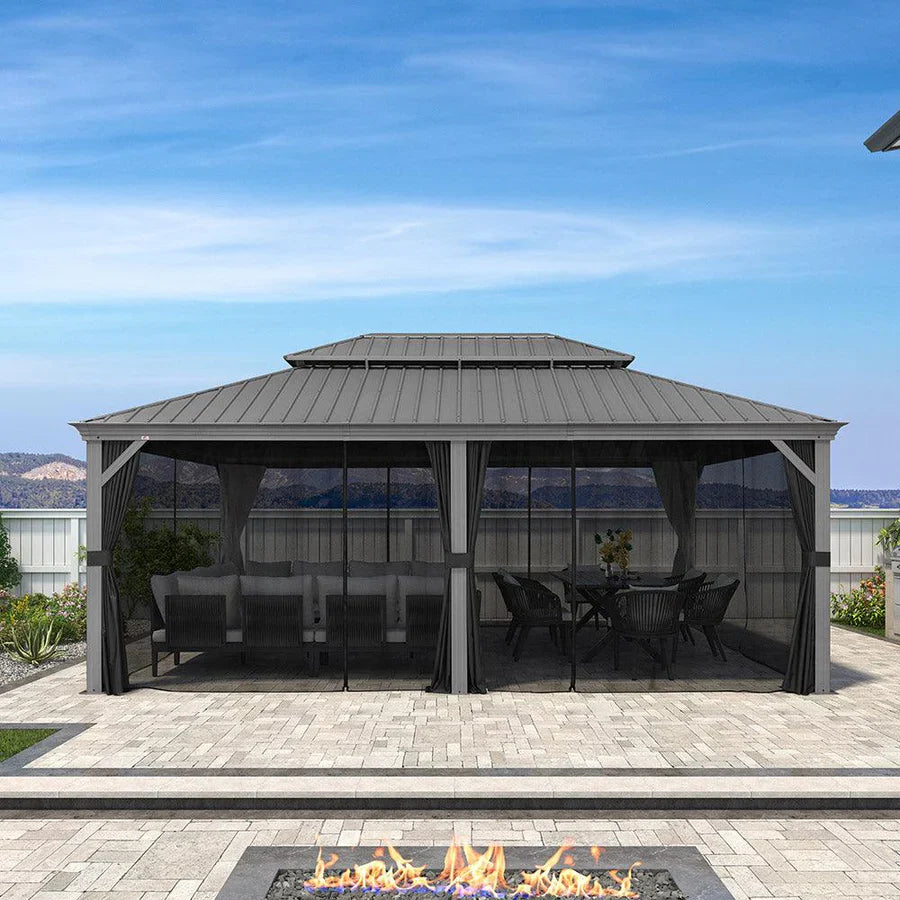 PURPLE LEAF Tonnelle de Jardin Pour Terrasse, Abris de Soleil Avec Toit Rigide en Acier Galvanisé, Equipée de Rideaux, Gris Clair