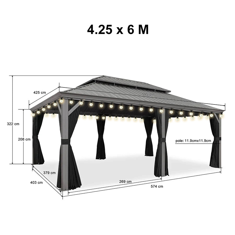 PURPLE LEAF Tonnelle de Terrasse et de Jardin, Toit Rigide en Acier Galvanisé, Conception de Gouttière avec Guirlandes Lumineuses Transparentes, Gris Clair