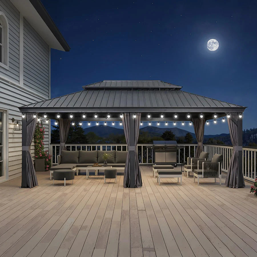 PURPLE LEAF Tonnelle de Jardin Gamme Luxe avec Éclairage LED Intégré - Abat-Jour Blanc Opalin Anti-Éblouissement, Pavillon Gris