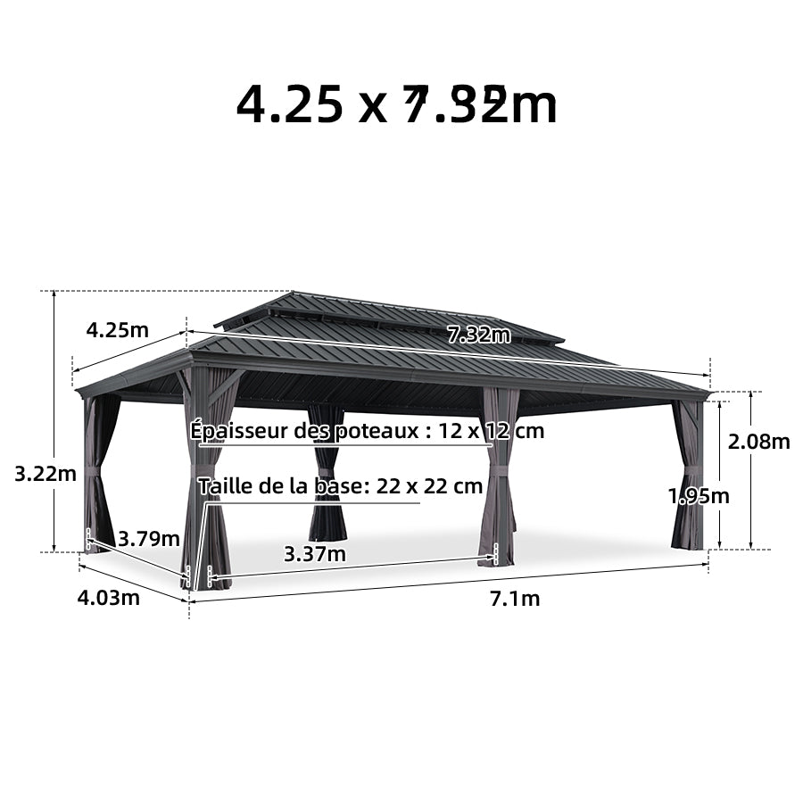 PURPLE LEAF Tonnelle De Jardin Exterieur Tonnelle Pergola Aluminum Avec Moustiquaire Et Rideaux Pavillon De Jardin à Double Toit Acier Galvanisé, Gris
