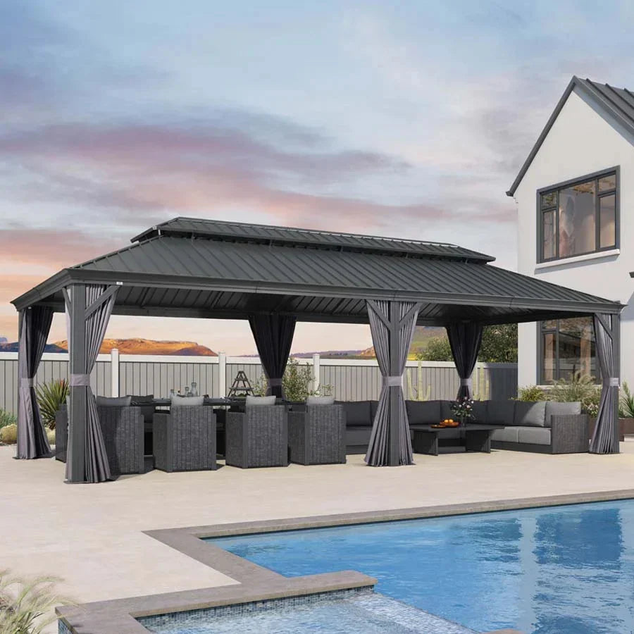 PURPLE LEAF Tonnelle De Jardin Exterieur Tonnelle Aluminum Avec Moustiquaire Et Rideaux Pavillon De Jardin à Double Toit Acier Galvanisé, Gris
