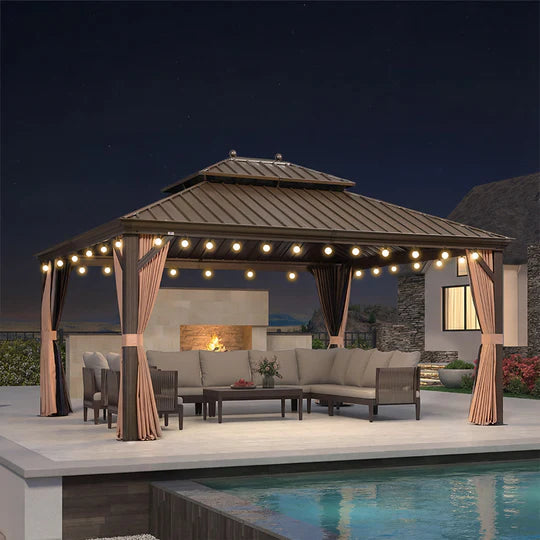 PURPLE LEAF Tonnelle de Jardin, Toit Double en Acier Galvanisé, Avec Rideaux Améliorés et Guirlandes Lumineuses Transparentes, Bronze
