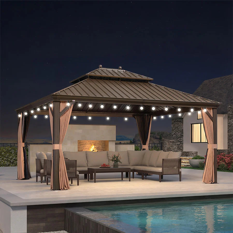 PURPLE LEAF Tonnelle de Jardin Avec Toit Rigide Double Toit de Bronze Pergola Aluminium, Avec Guirlande Lumineuse Blanc Lait