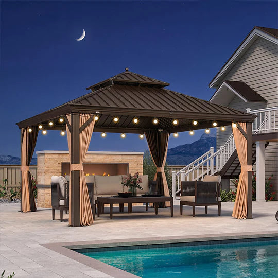 PURPLE LEAF Tonnelle de Jardin, Toit Double en Acier Galvanisé, Avec Rideaux Améliorés et Guirlandes Lumineuses Transparentes, Bronze