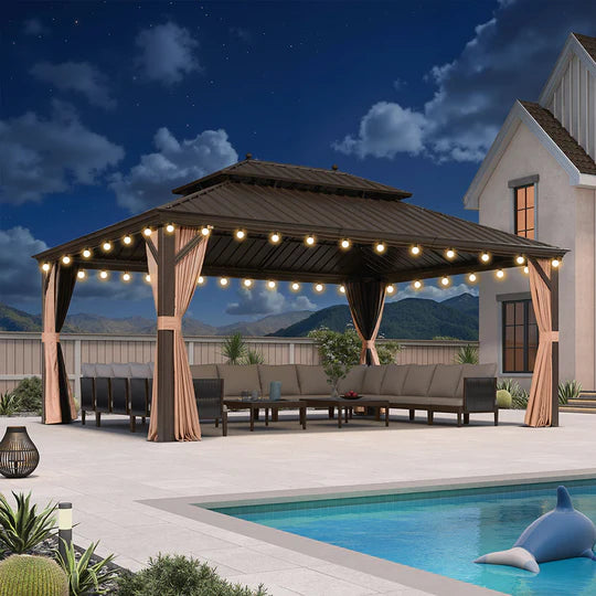 PURPLE LEAF Tonnelle de Jardin, Toit Double en Acier Galvanisé, Avec Rideaux Améliorés et Guirlandes Lumineuses Transparentes, Bronze