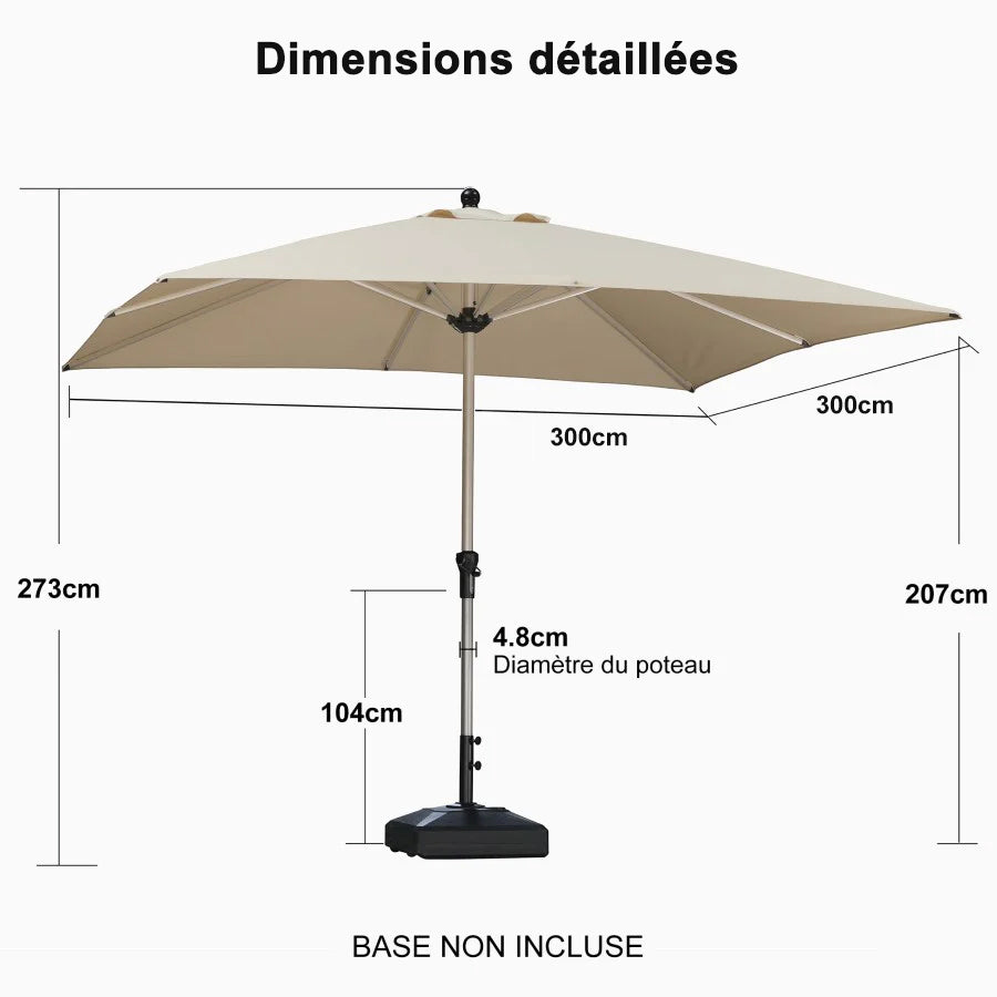 PURPLE LEAF Parasol Droit de Marché avec Système de Manivelle Visible Carré Rectangle Rond