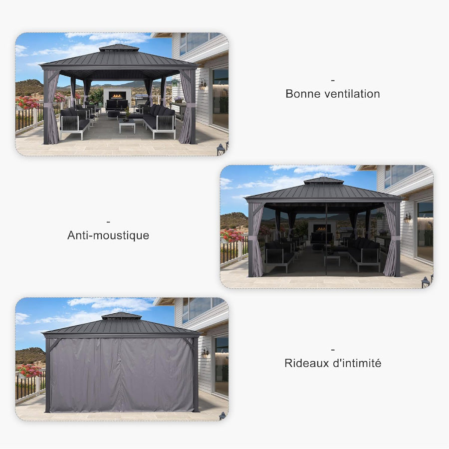 PURPLE LEAF Tonnelle De Jardin Exterieur Tonnelle Aluminum Avec Moustiquaire Et Rideaux Pavillon De Jardin à Double Toit Acier Galvanisé, Gris