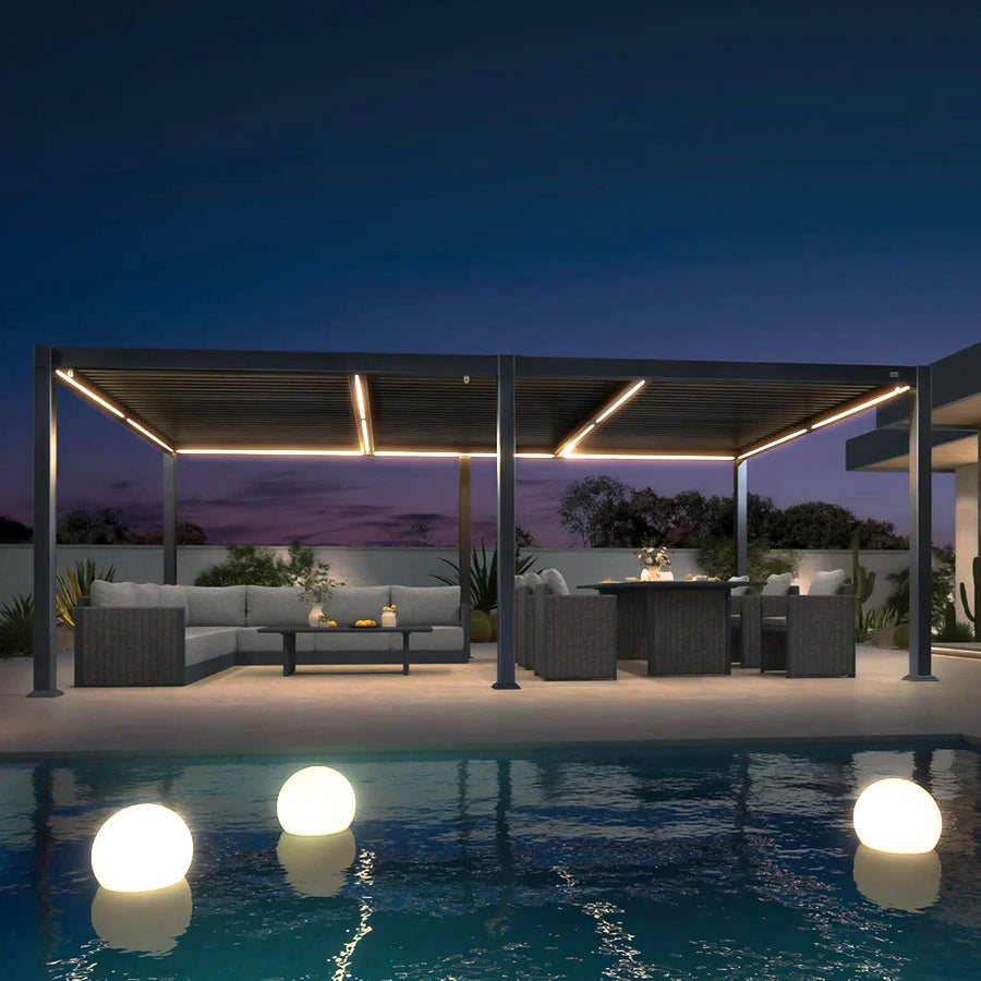 PURPLE LEAF Pergola Bioclimatique Toit à Lames avec Bande Lumineuse LED pour Terrasse Jardin, Gris