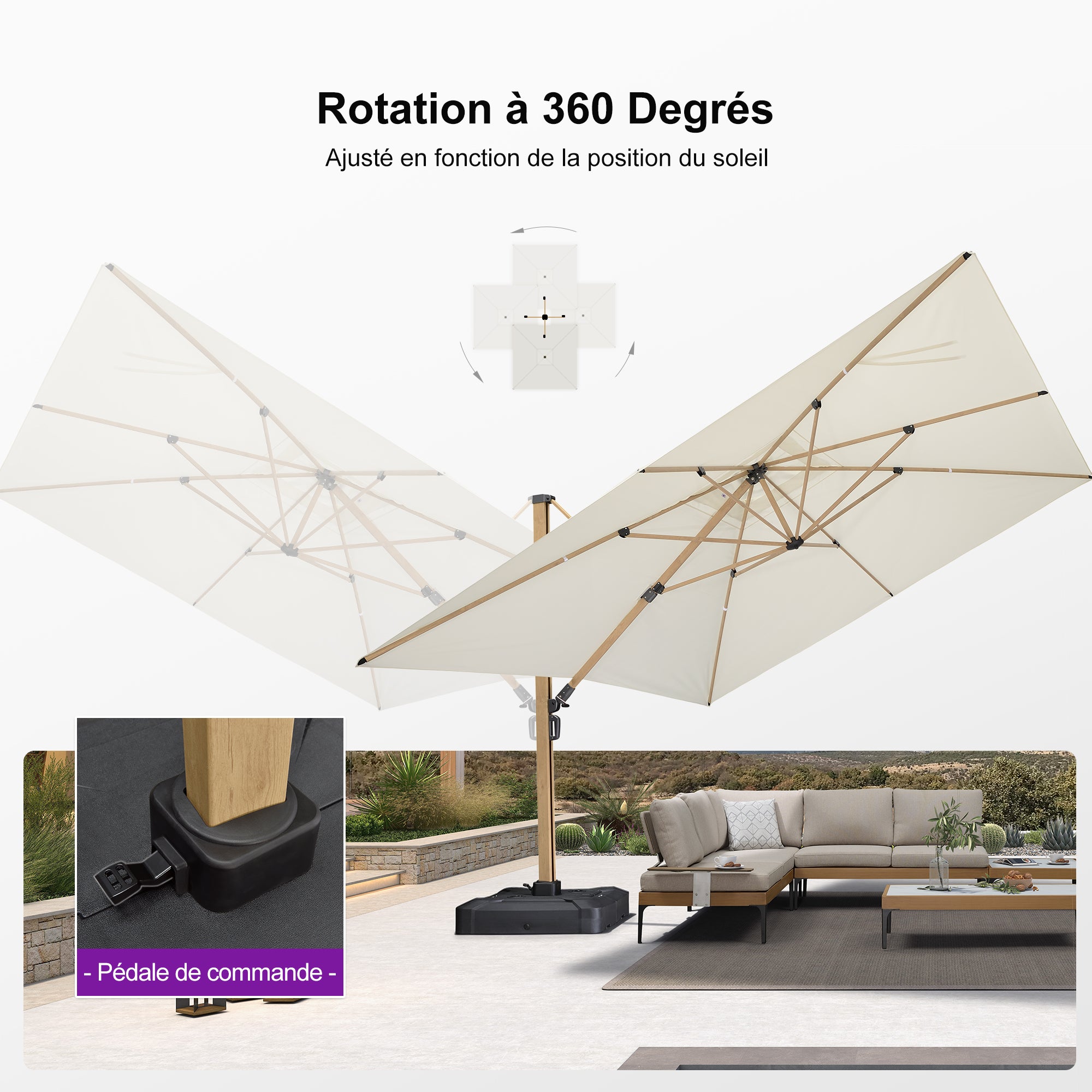 PURPLE LEAF Parasol Déporté Mégagrand à Motif Bois à Manivelle avec Mât Ultra-Renforcé Parasol d'Extérieur de Jardin Carré Rectangle