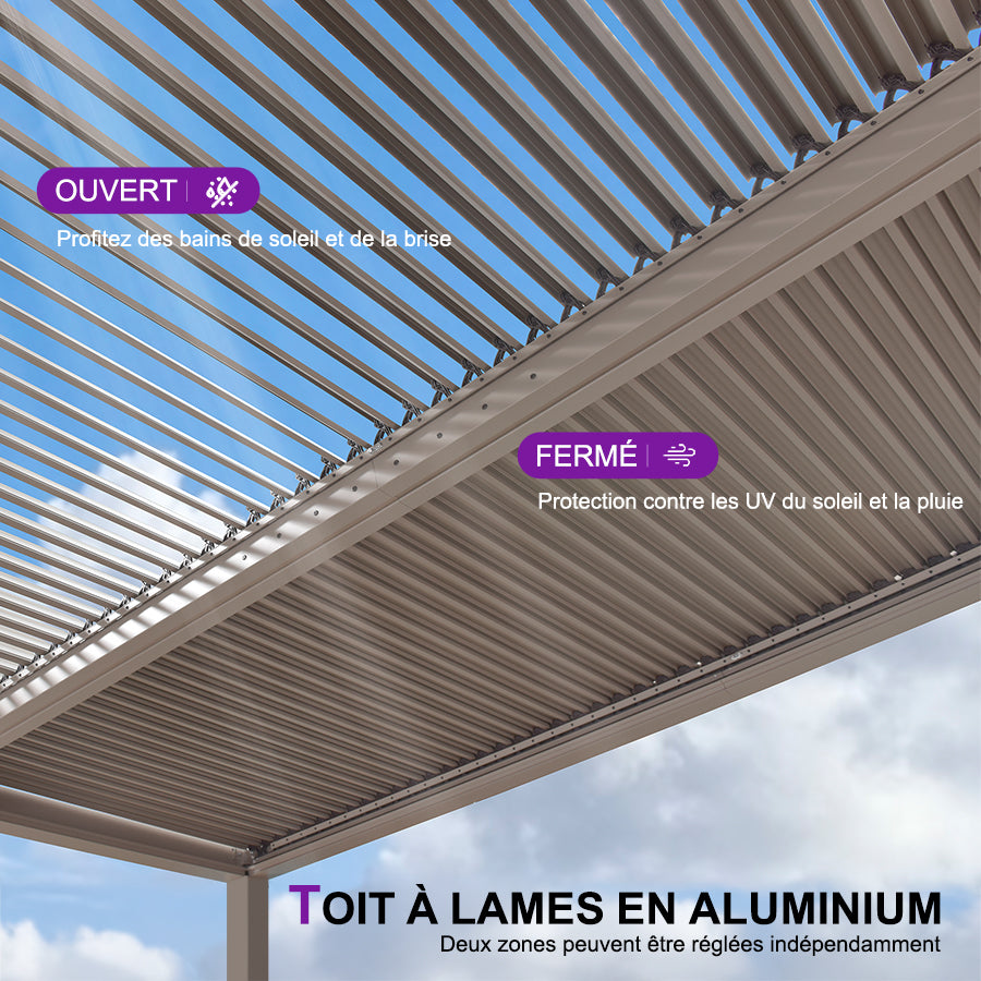PURPLE LEAF Pergola Bioclimatique Aluminium Tonnelle Indépendante Protection Solaire Pavillon Pour Jardin Terrasse Champagne
