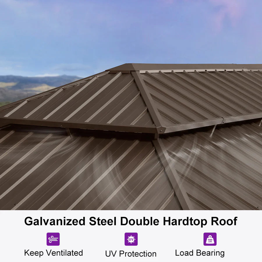 PURPLE LEAF Tonnelle de Jardin, Toit Double en Acier Galvanisé, Avec Rideaux Améliorés et Guirlandes Lumineuses Transparentes, Bronze