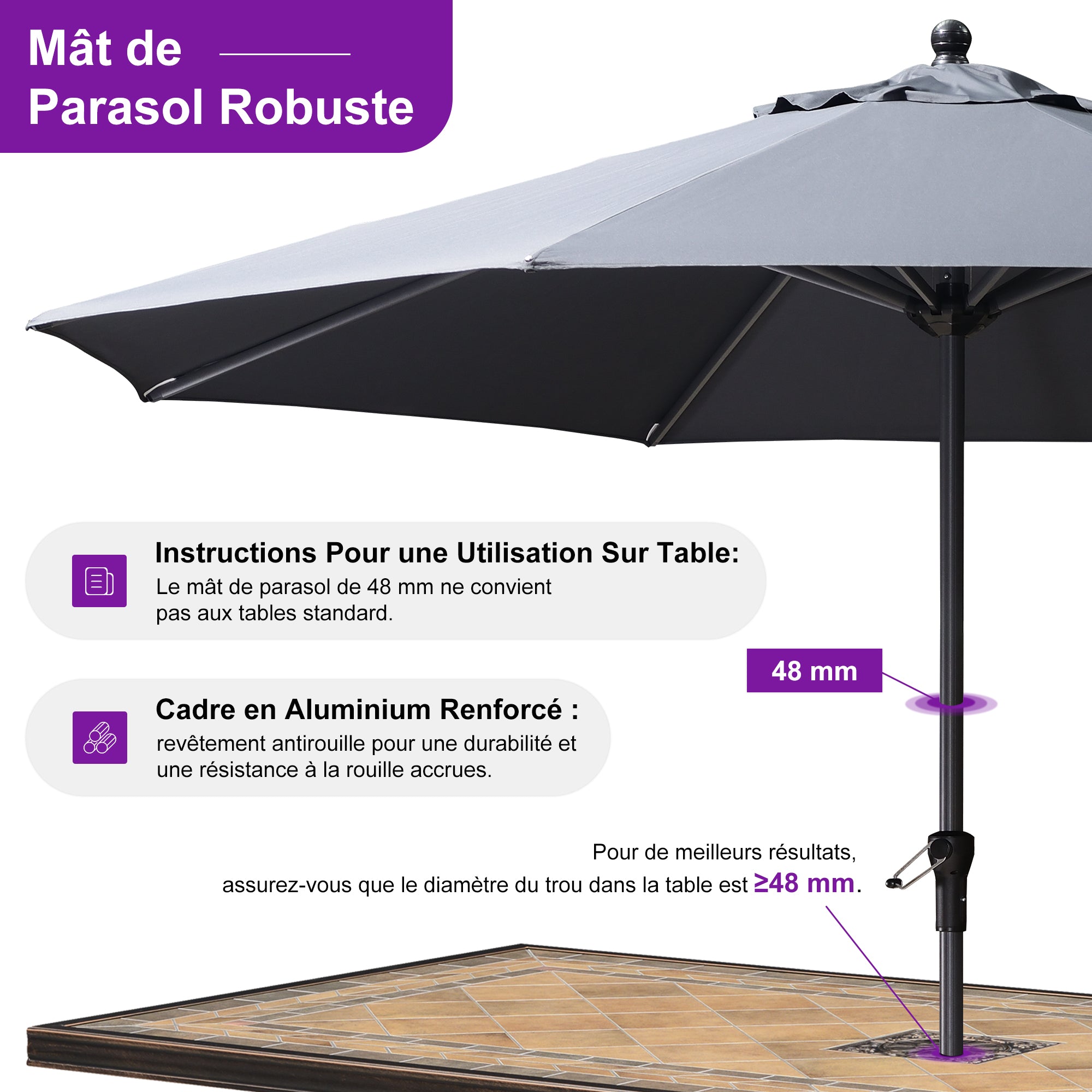 PURPLE LEAF Parasol en Aluminium à Mât Droit, Parasol d'Extérieur,Convient aux Jardins, Terrasses et abords de  Piscine ,Avec Socle