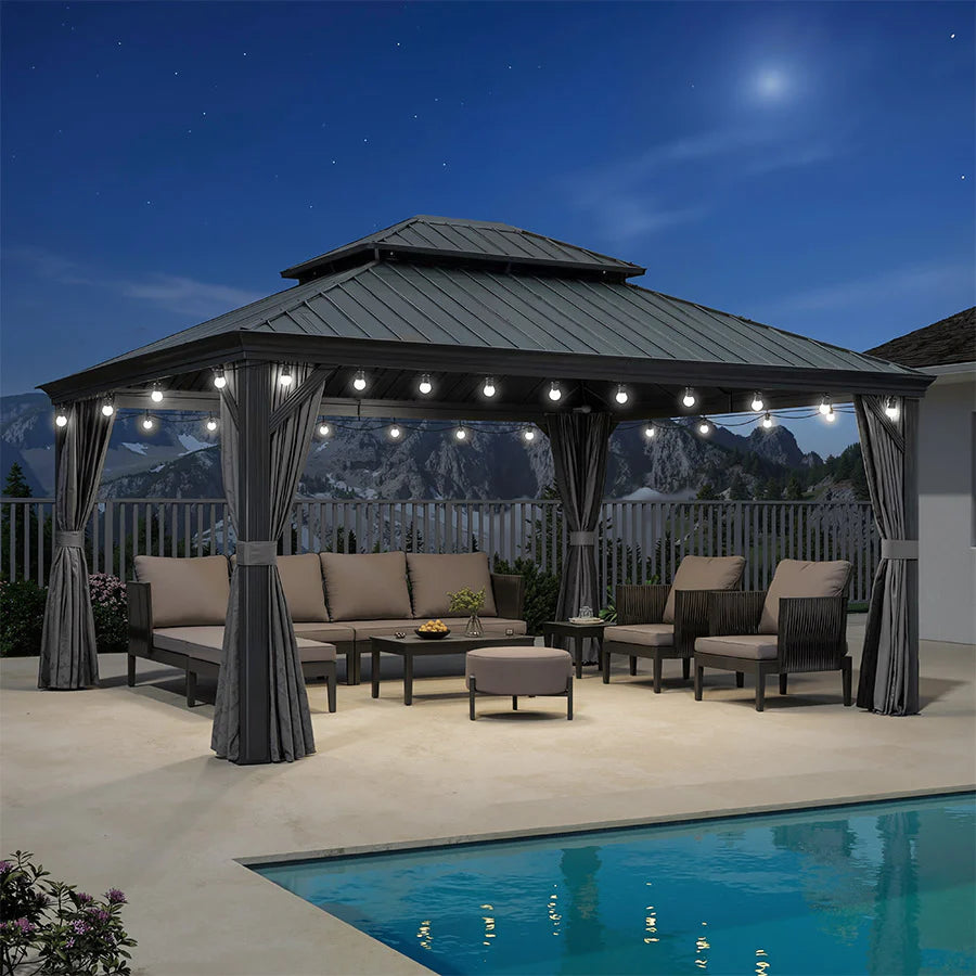 PURPLE LEAF Tonnelle de Jardin Gamme Luxe avec Éclairage LED Intégré - Abat-Jour Blanc Opalin Anti-Éblouissement, Pavillon Gris