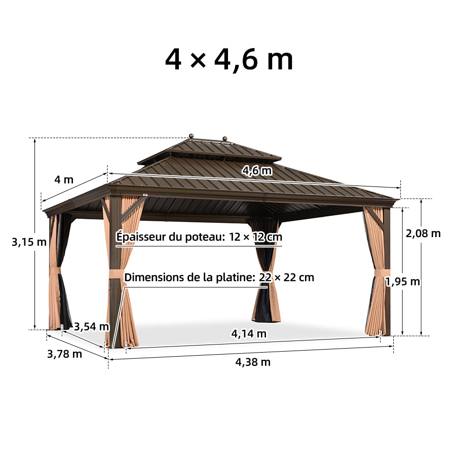 PURPLE LEAF Tonnelle de Jardin Toit Rigide - Pavillon de Terrasse avec Rideaux & Moustiquaire, Anti-Vent & Pluie, Structure Aluminium & Acier Galvanisé Bronze