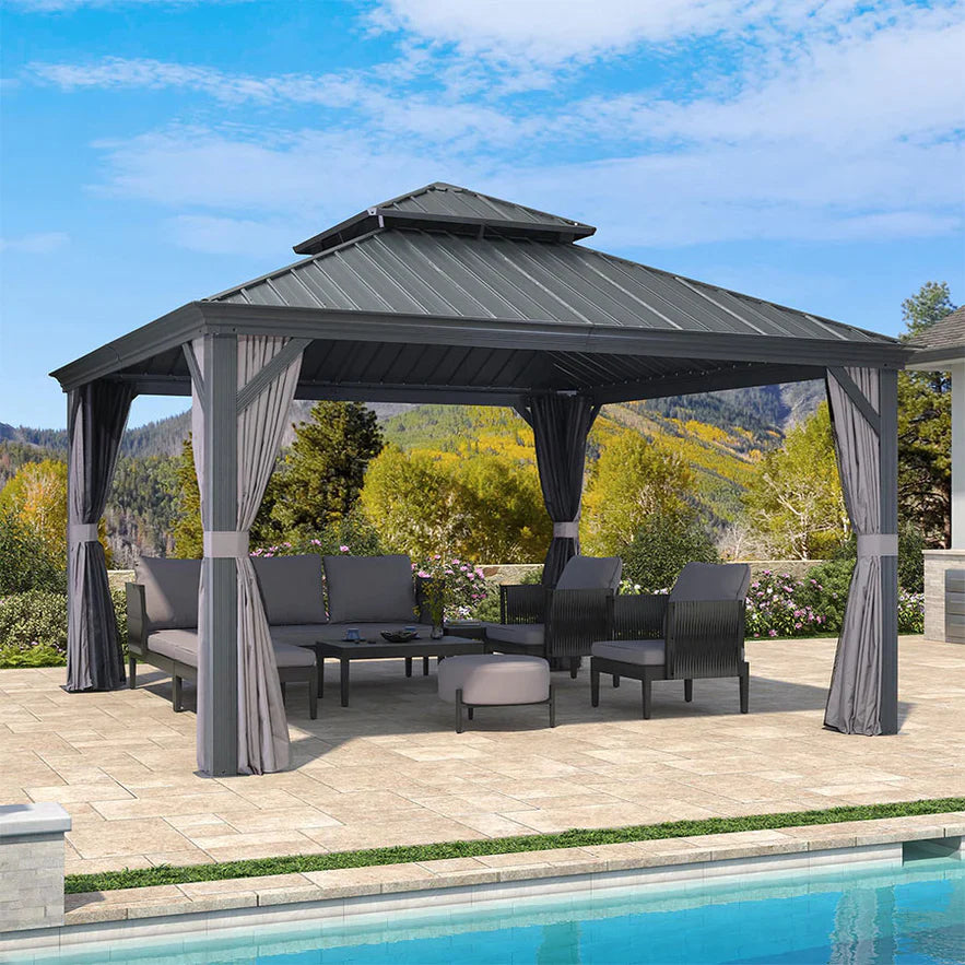 PURPLE LEAF Tonnelle De Jardin Exterieur Tonnelle Aluminum Avec Moustiquaire Et Rideaux Pavillon De Jardin à Double Toit Acier Galvanisé, Gris