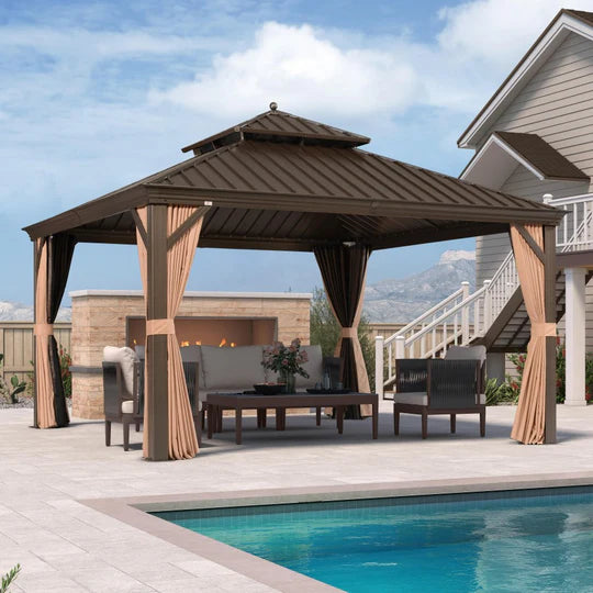 PURPLE LEAF Tonnelle De Jardin Tonnelle Pergola Aluminum Avec Moustiquaire Et Rideaux Pavillon De Jardin à Double Toit Acier Galvanisé, Bronze