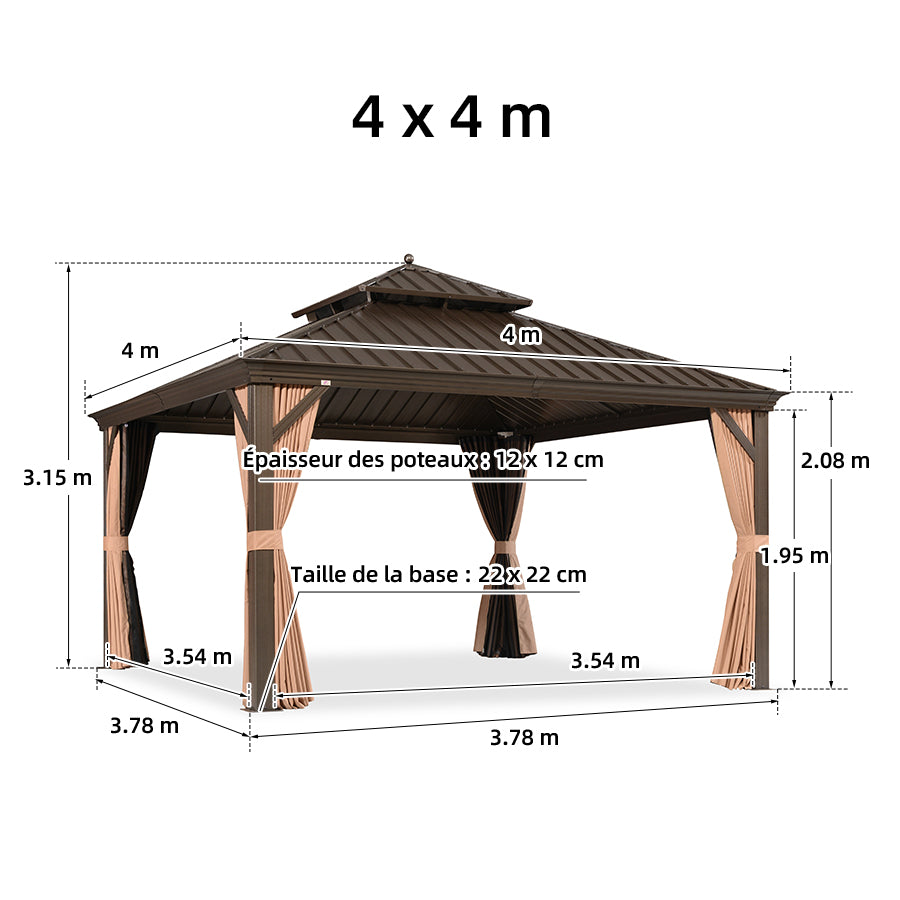 PURPLE LEAF Tonnelle De Jardin Tonnelle Pergola Aluminum Avec Moustiquaire Et Rideaux Pavillon De Jardin à Double Toit Acier Galvanisé, Bronze