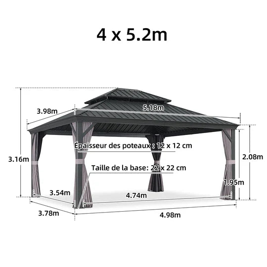 PURPLE LEAF Tonnelle de Jardin Gamme Luxe avec Éclairage LED Intégré - Abat-Jour Blanc Opalin Anti-Éblouissement, Pavillon Gris
