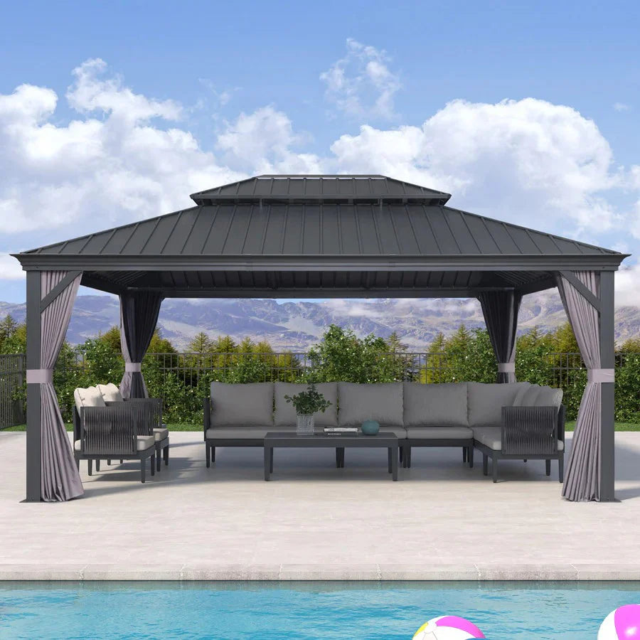 PURPLE LEAF Tonnelle De Jardin Exterieur Tonnelle Aluminum Avec Moustiquaire Et Rideaux Pavillon De Jardin à Double Toit Acier Galvanisé, Gris