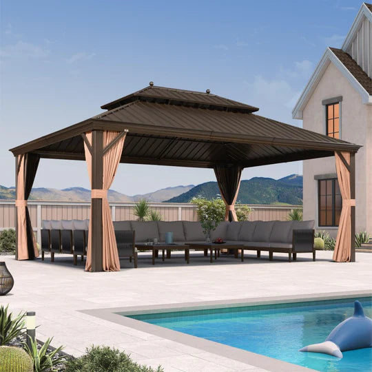 PURPLE LEAF Tonnelle De Jardin Tonnelle Pergola Aluminum Avec Moustiquaire Et Rideaux Pavillon De Jardin à Double Toit Acier Galvanisé, Bronze