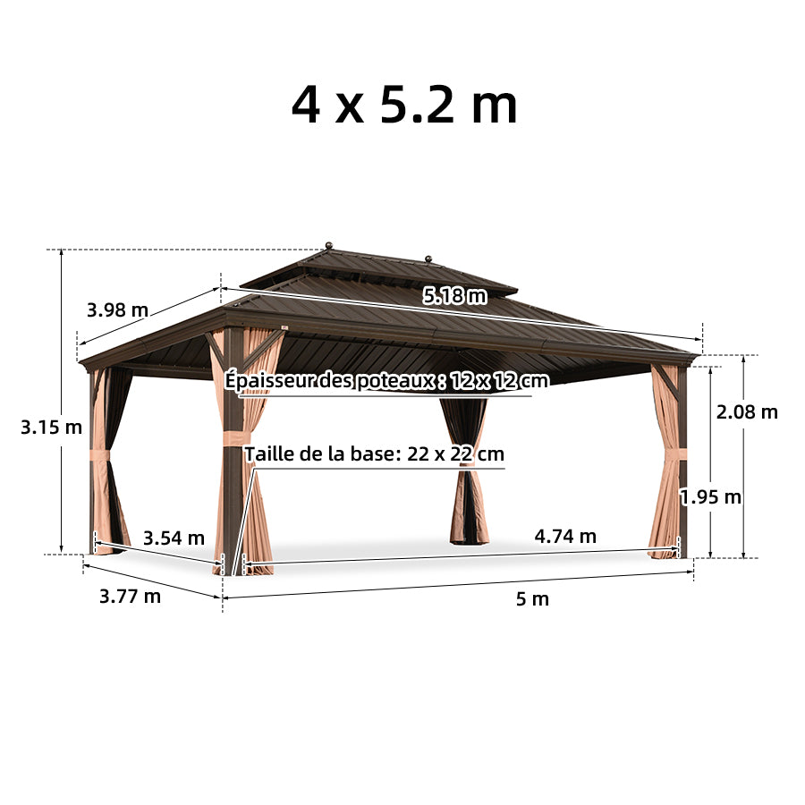 PURPLE LEAF Tonnelle De Jardin Tonnelle Pergola Aluminum Avec Moustiquaire Et Rideaux Pavillon De Jardin à Double Toit Acier Galvanisé, Bronze