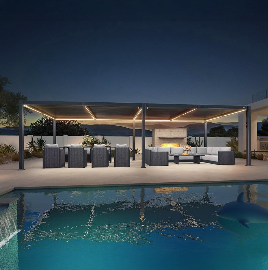 PURPLE LEAF Pergola Bioclimatique Toit à Lames avec Bande Lumineuse LED pour Terrasse Jardin, Gris